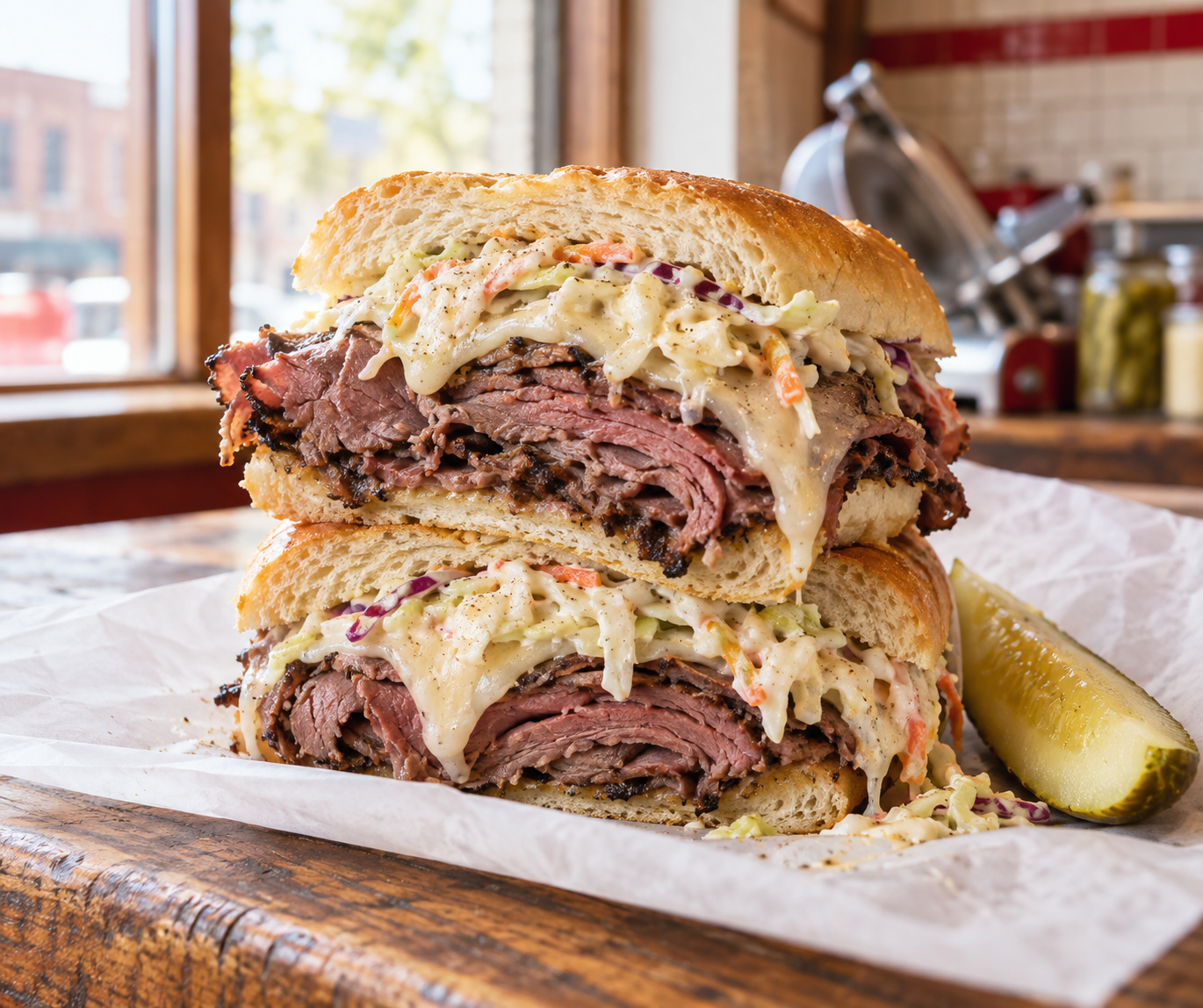 Illustrative stacked deli sandwich with roast beef and coleslaw on butcher paper