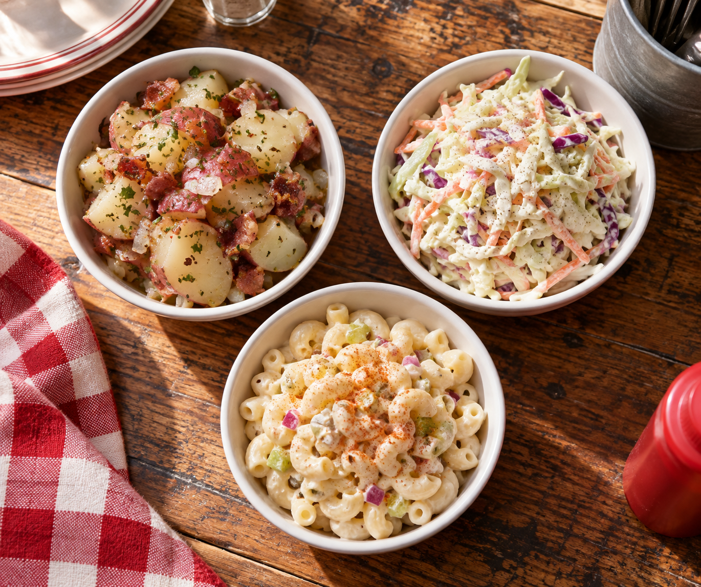 Illustrative bowls of potato salad, coleslaw, and macaroni salad
